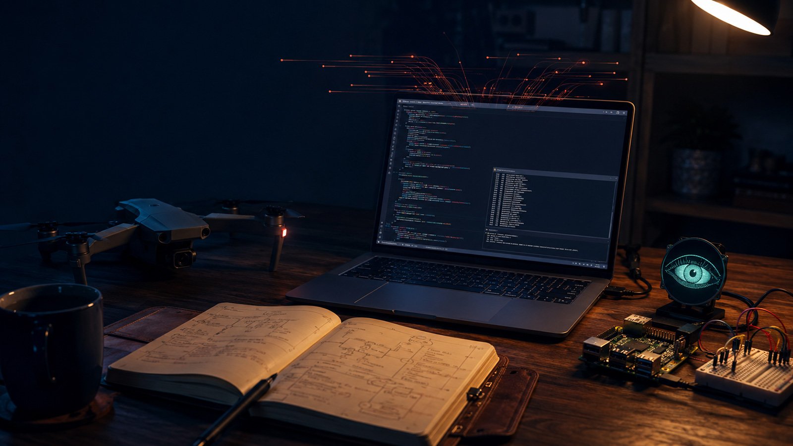 A workshop desk at night: laptop with code on screen, a drone, a notebook of hand-drawn circuit diagrams, a Raspberry Pi on a breadboard, and a coffee mug.